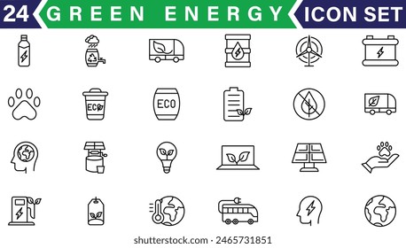 Set of green energy thin line icons. Icons for renewable energy, green technology. Design elements for you projects. Vector illustration