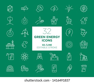 Set Of Green Energy White Icons In Line	