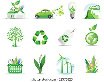 Set of green environmental icons. All elements and textures are individual objects. Vector illustration scale to any size.