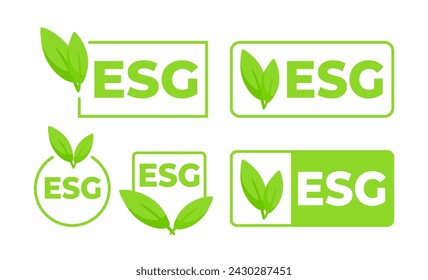 Conjunto de etiquetas ambientales, sociales, de gobernanza ESG verdes con diseños de hojas para informes de sostenibilidad y marca ecológica.