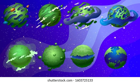 A set of green and exotic planets of our possible universe in a cartoon style