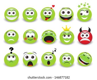 Set of green expressive emoticons with shadow