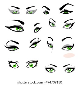 Set Of Green Eyes With Eyebrows With The Expression Of Emotions. Vector illustration