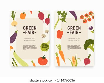 Set of green fair, harvest festival or farmers market flyer or poster templates with fresh organic vegetables and place for text. Modern flat vector illustration for event announcement, promotion.