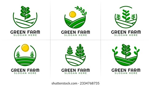 Set of green farm logo. Agriculture symbol with fresh and nature concept. Farmer design with plant, sun, and field icon