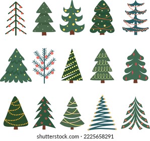 Set of green fir trees with Christmas toys of different shapes on a white background. Vector illustration suitable for flyers, posters, business cards or for web.