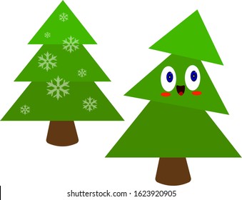 set of green fir trees with patterns of snowflakes, shiny blue eyes objects on a white background concept of winter and forest plants