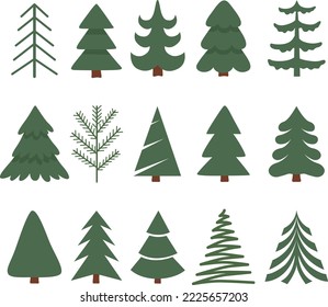 Set of green firs of different shapes on a white background. Vector illustration suitable for flyers, posters, business cards or for web.