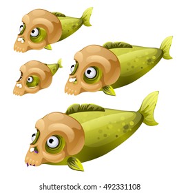 Set green fish swim with masks in the form of a human skull isolated on white background. Vector illustration.