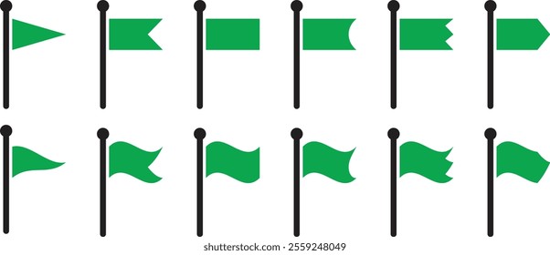  Set of green flag icon. Waving flag. Different flag set. on white background. Vector illustration.

