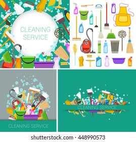 set of green flat cleaning service backgrounds. vector