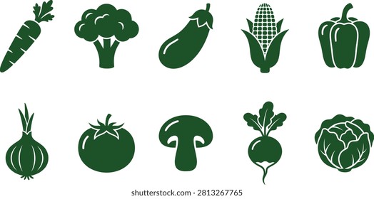 A set of green flat icons representing various fresh vegetables including carrots, broccoli, eggplant, corn, peppers, onions, tomatoes, mushrooms, radishes, and cabbage.