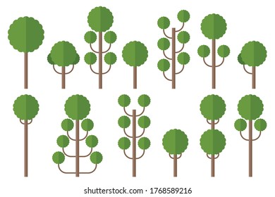 Set of green flat trees vector illustration isolated on white