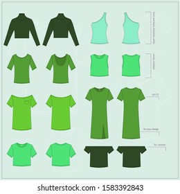 Set of green flat women's Tops. Different Tops in front and back views. Simple vector illustration.