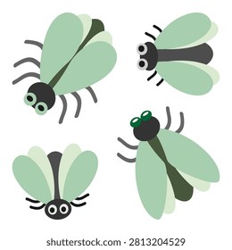 Set of green flies. Hand drawn vector flat. Flying insect. Winged midge. Pest animal. Color illustration.
