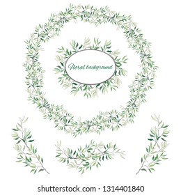 Set of green floral patterns, ornaments and vector wreaths of olive leaves for the design of cards, holidays, greetings, invitations. Spring ornament concept.