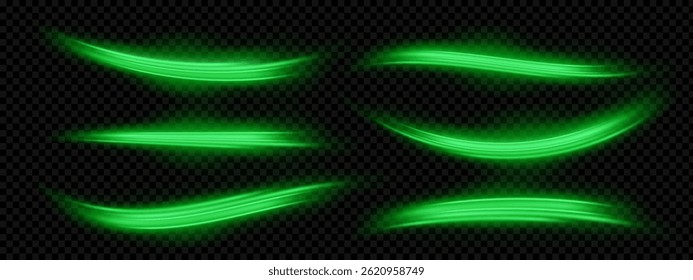 Set of green flow light effect, spring glowing wind lines on black transparent background