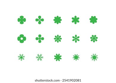 set of green flower icons, radial flowers, flat flowers, floral element shape vector illustration, modern trendy minimalist basic brutalist.