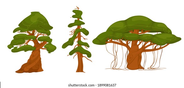 Set of green fluffy trees isolated on white background. Trees of different types, sizes of leaf density, tree with leans. Vector illustration