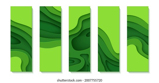 Set of green flyers in paper cut style. Collection of vertical banners 3d abstract background. Vector environmental cards template with cut out wavy shapes for posters, business presentations