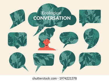 Set of green foliage eco speach bubbles. Ecology conversation Environmental problems and environmental protection concept. Mother nature. Card for World Earth Day. Flat vector isolated illustration 