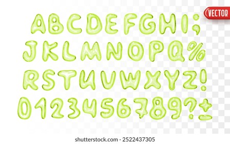 Un conjunto de Fuentes verdes con un efecto líquido de vidrio 3D realista, que consta de letras mayúsculas, números y símbolos especiales. Alfabeto completo Ideal para proyectos de diseño moderno. Ilustración vectorial