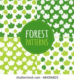 Set of green forest patterns vector seamless. Tree leaves background. Nature autumn print for seasonal banner, kids wallpaper, eco natural product package, wrapping paper or holiday card template.