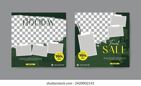 Set of green forest social media post template. Square banner design background.