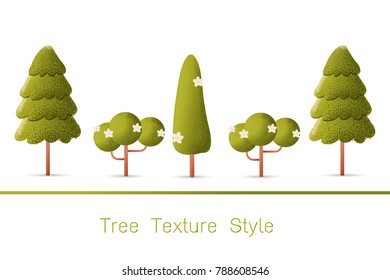 Set of Green Forest, trees and bushes on white background  Vector texture style concept illustration.