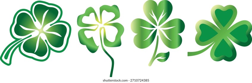 conjunto de ícones de trevo verde de quatro folhas com diferentes estilos de imagem e um gradiente interessante, para designs de férias, convites ou cartões-presente