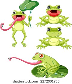 Set of green frog cartoon character illustration