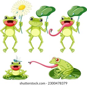 Set of green frog cartoon character illustration