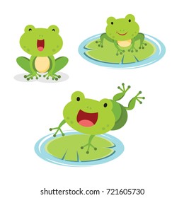 Set of green frog in different pose. Vector illustration.