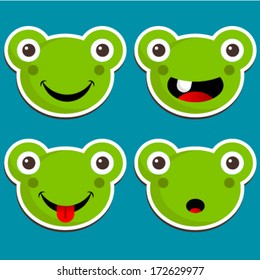 Set of green frog stickers isolated on blue