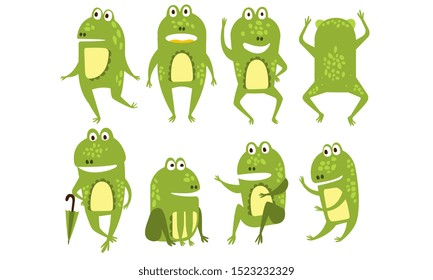 Set of green frogs in different poses and with various emotions. Funny humanized toads. Colorful flat vector icons