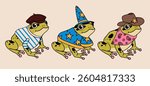 Set of green Frogs dressed in various clothes. Toad with beret, wizard cap, cowboy hat, bandana. Cute funny cartoon characters. Hand drawn modern Vector illustration. Isolated design elements