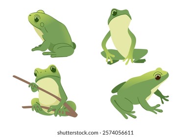 Set of green frogs in various poses. Cartoon animal design, cute amphibian. Great for nature illustrations, wildlife designs, or educational visuals. Vector illustration isolated on white