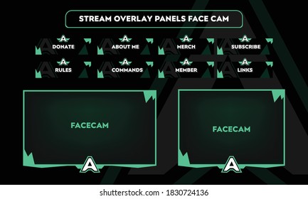 Conjunto de paneles de juego verdes y sobreimpresiones para los optimistas. Alertas y botones. facecam 2 tamaños rectángulo y cuadrado. ilustración vectorial