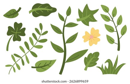 set of green garden branches and leaves. Flowers, bushes, branches, leaves, grass. Flat color isolated illustration. Greenery in the garden. Suitable decorating children's and nature projects, prints