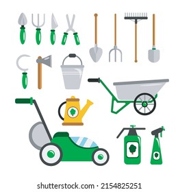 Set of green garden tools in cartoon style. Vector illustration of home garden shovels, pitchfork, sickle, bucket, watering can, fertilizer, ax, lawn mower and wheelbarrow on white background.