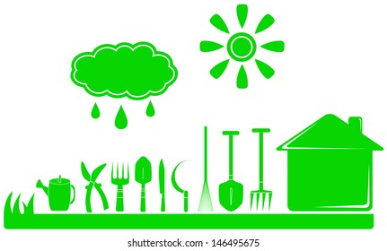 set green garden tools and house, cloud with drop, sun 