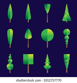 Set of green garden trees of different details with a gradient and leaves