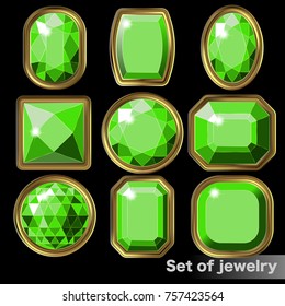 Set of green gems emerald of various shapes.