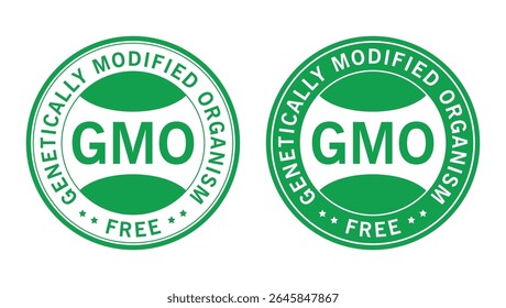 Conjunto de crachás livres de OGM verdes de organismos geneticamente modificados com rótulos circulares e texto em negrito, utilizados para certificações de produtos orgânicos naturais	
