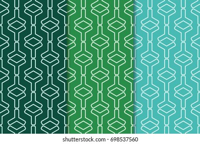 Set of green geometric backgrounds. Seamless wallpapers