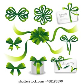 Set of green gift bows with ribbons. Vector illustration. 