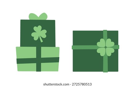 Set of Green Gift Box with Clover Decoration.
St. Patrick's day gift box flat vector illustration .
White background.
