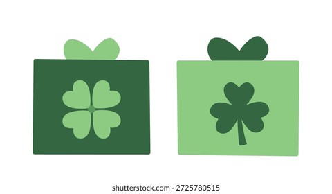 Set of Green Gift Box with Clover Decoration.
St. Patrick's day gift box flat vector illustration .
White background.