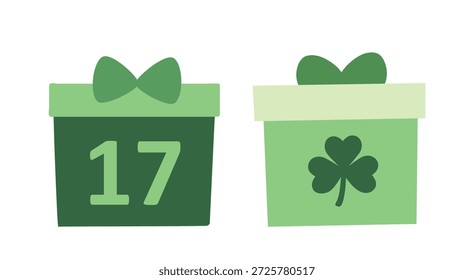 Set von grünen Geschenkbox mit Klee Dekoration.
St. Patrick's Day Geschenkbox flache Vektorgrafik .
Weißer Hintergrund.