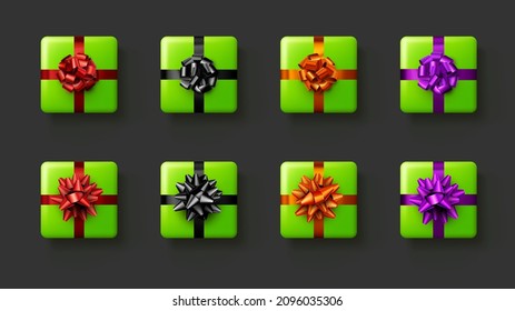 Set of green gift boxes with beautiful colored foil bows. Top view. Vector holiday illustration.